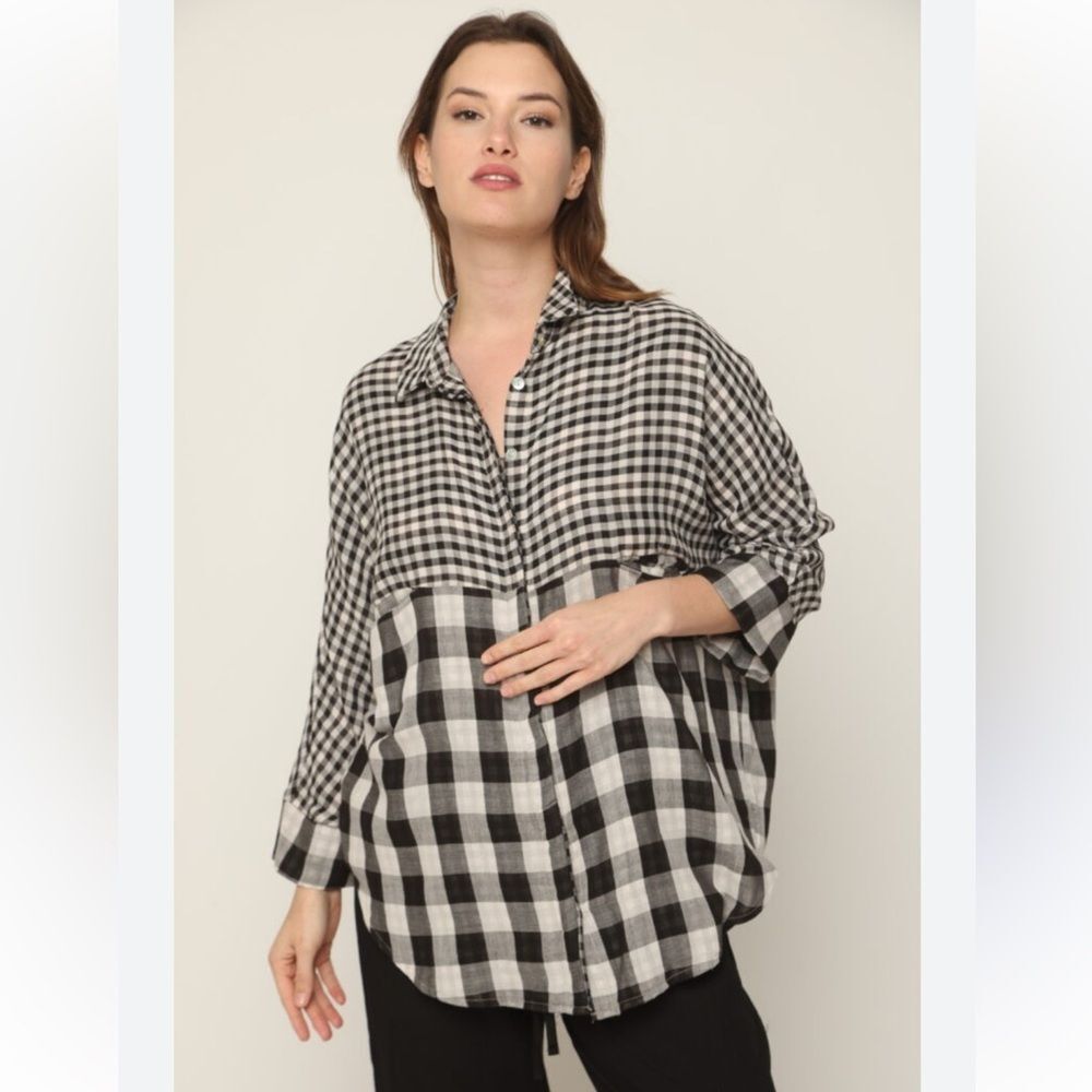 BeachLunchLounge Emery Women's Black and white Long Sleeve Plaid Tunic Size L